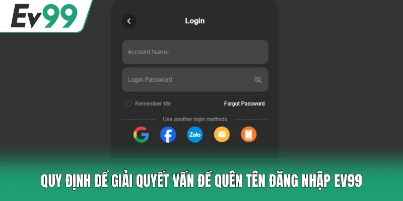 Quy định để giải quyết vấn đề quên tên đăng nhập EV99